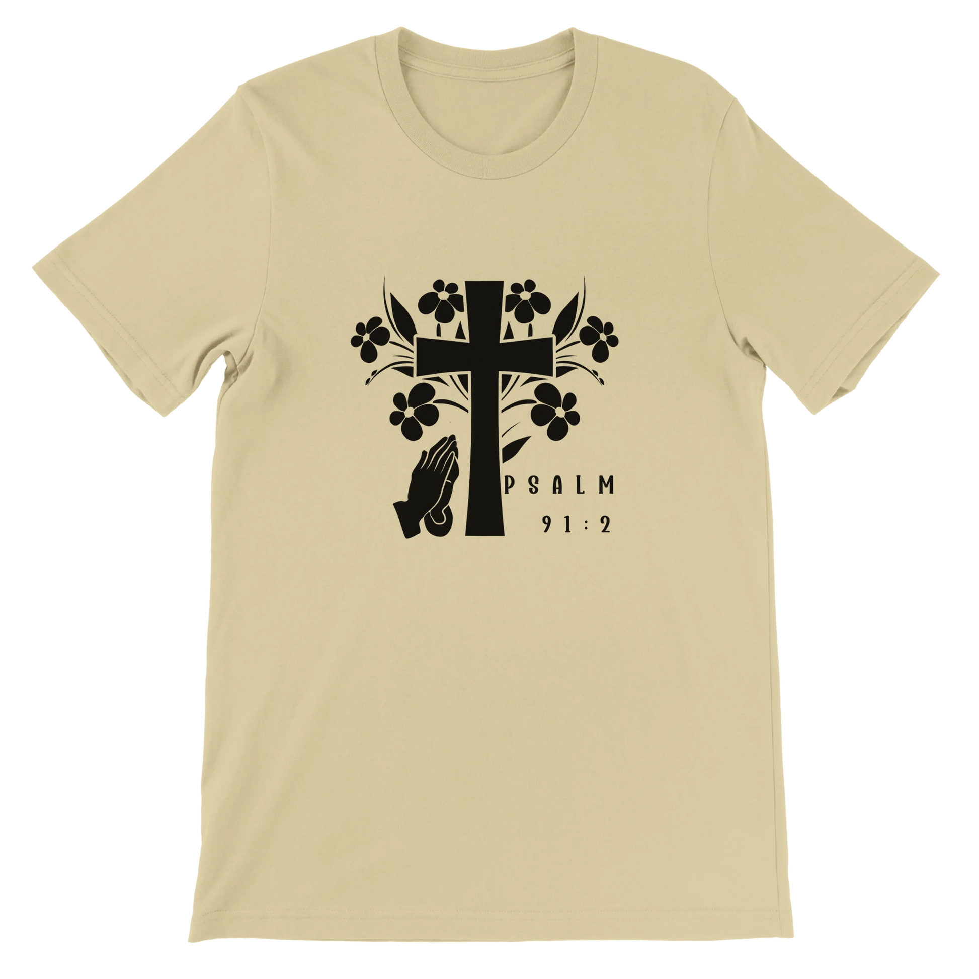 Beige t-shirt with black cross and floral design on a white background