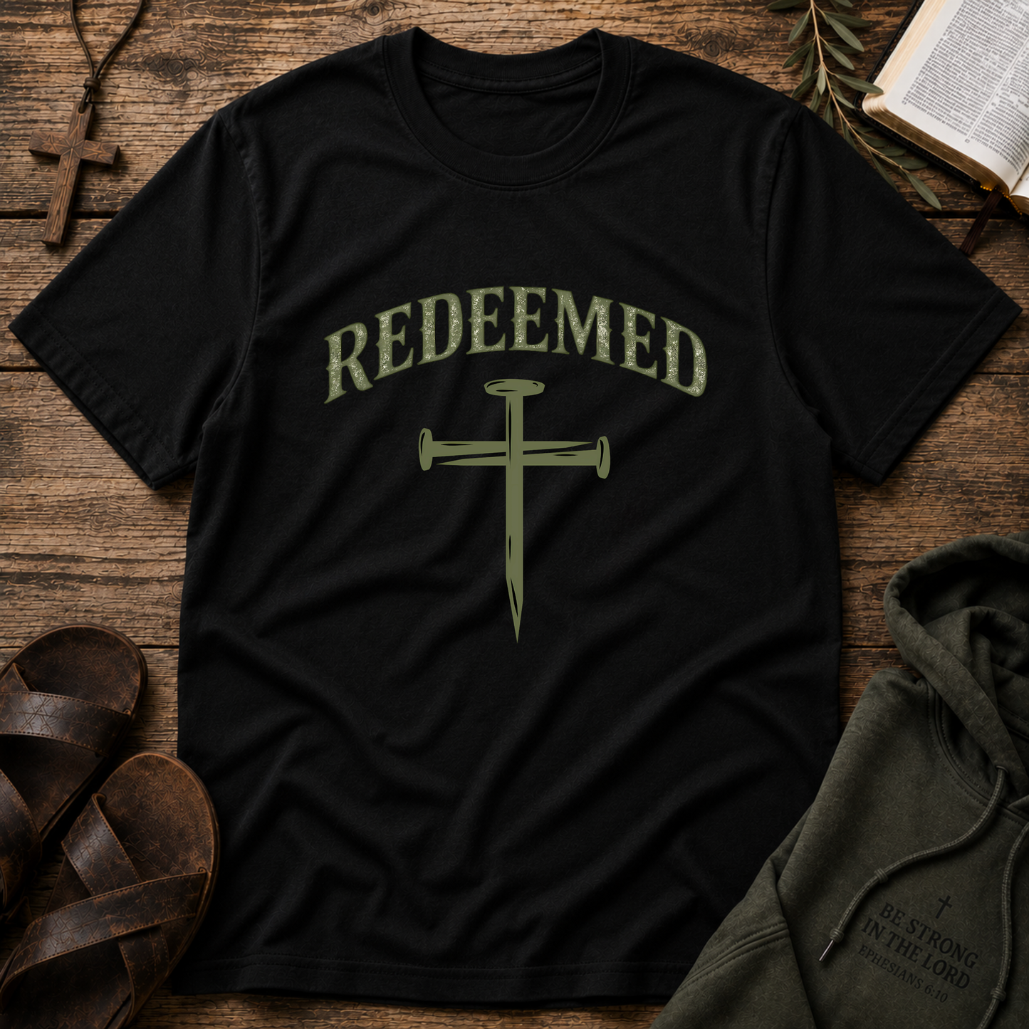 Black Redeemed Christian T-shirt featuring a cross made from nails inspired by Ephesians 1:7