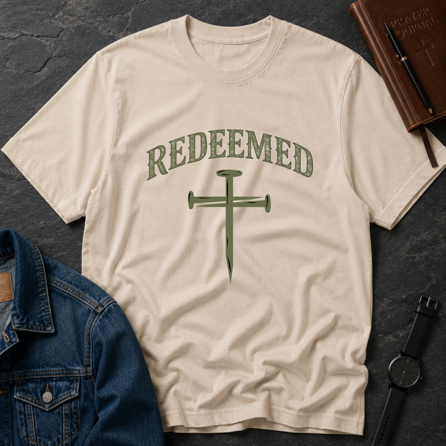 Sand Redeemed Christian T-shirt featuring a Christian faith design inspired by Ephesians 1:7