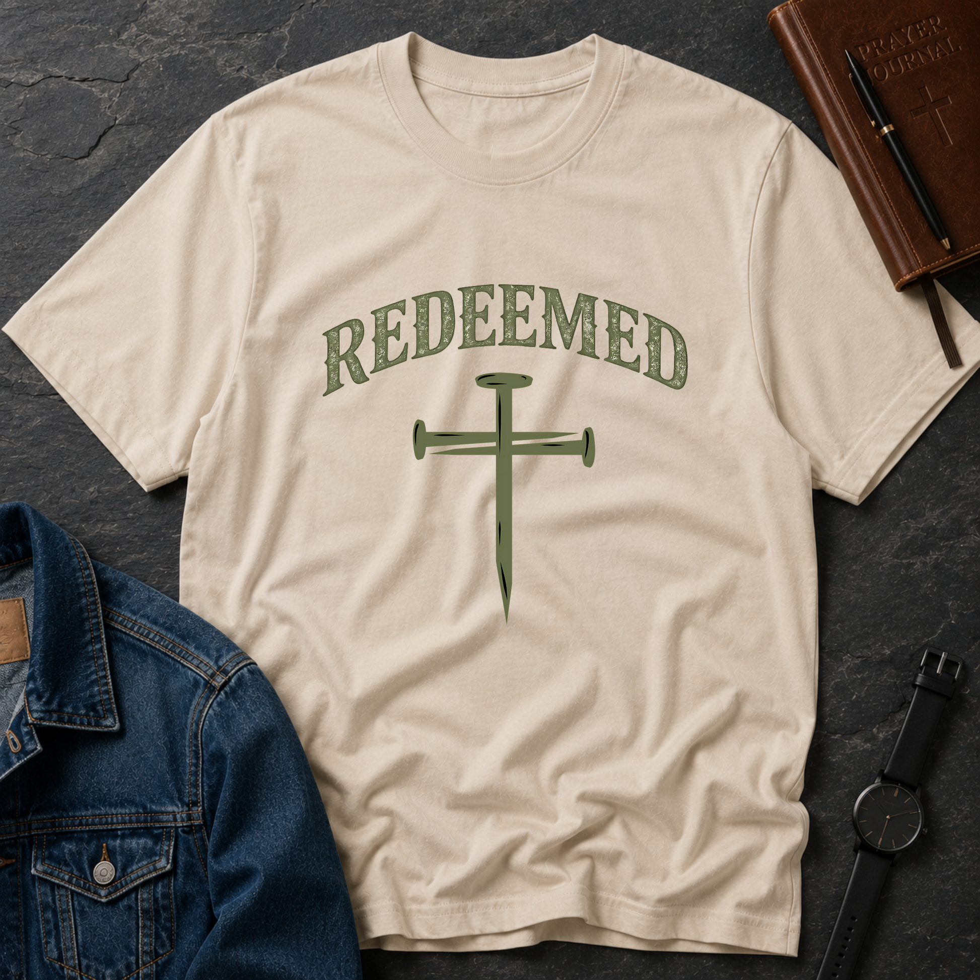 Sand Redeemed Christian T-shirt featuring a Christian faith design inspired by Ephesians 1:7
