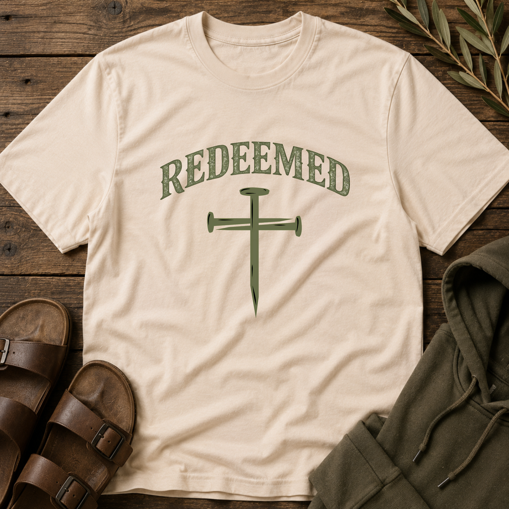 Natural Redeemed Christian T-shirt with minimalist nail cross artwork celebrating God's redeeming grace.