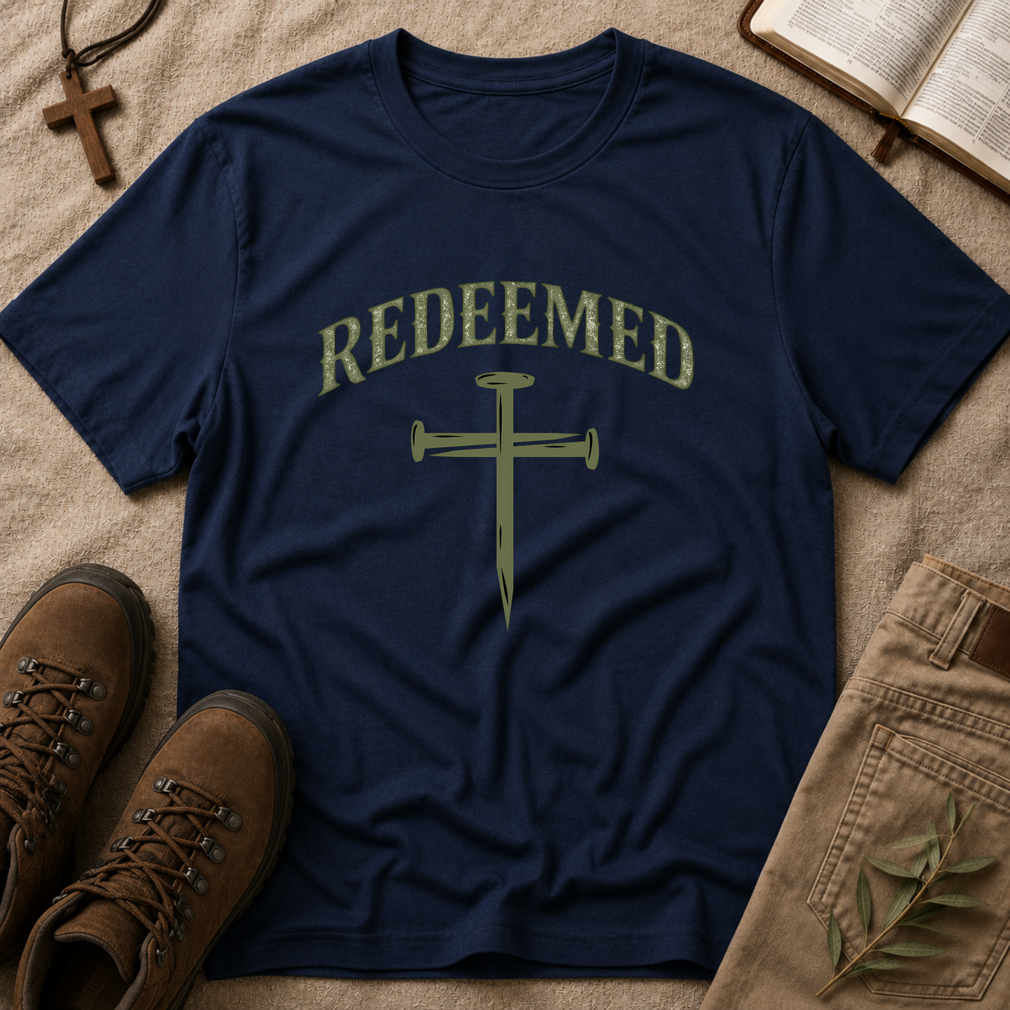 Navy Redeemed Christian T-shirt with Christian redemption design and nail cross artwork
