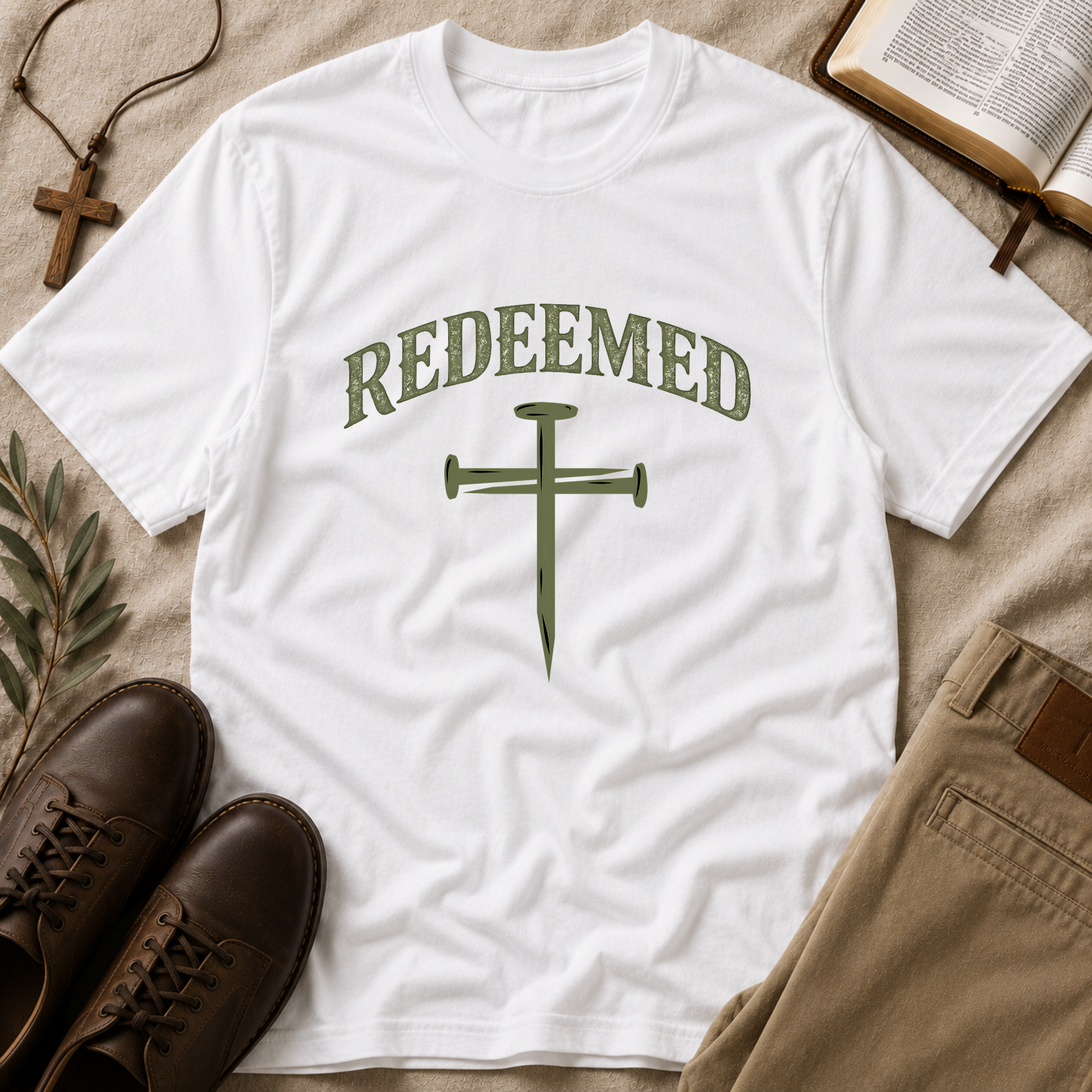 White Redeemed Christian T-shirt with nail cross design celebrating redemption through Christ.