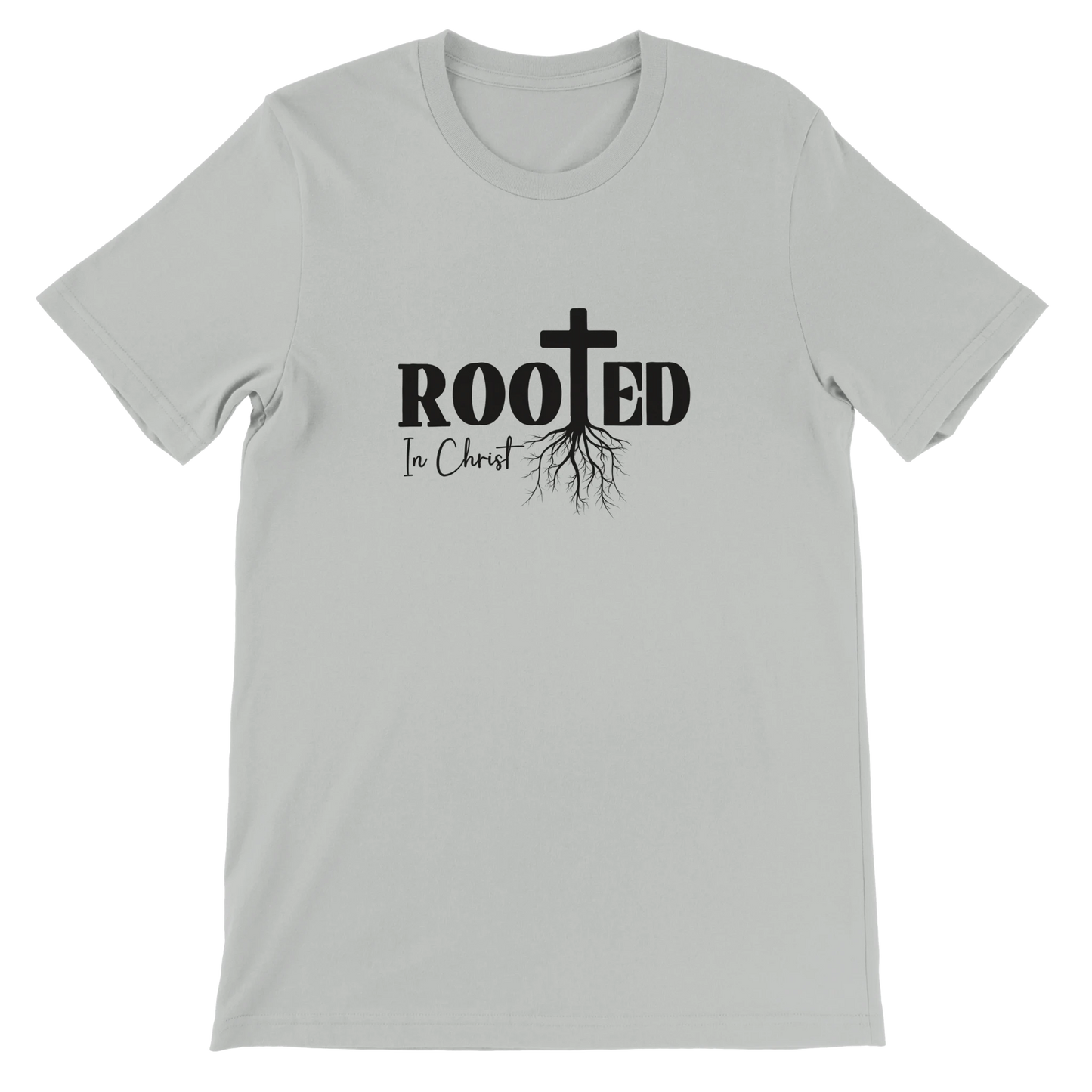 rooted in christ text on silver t-shirt