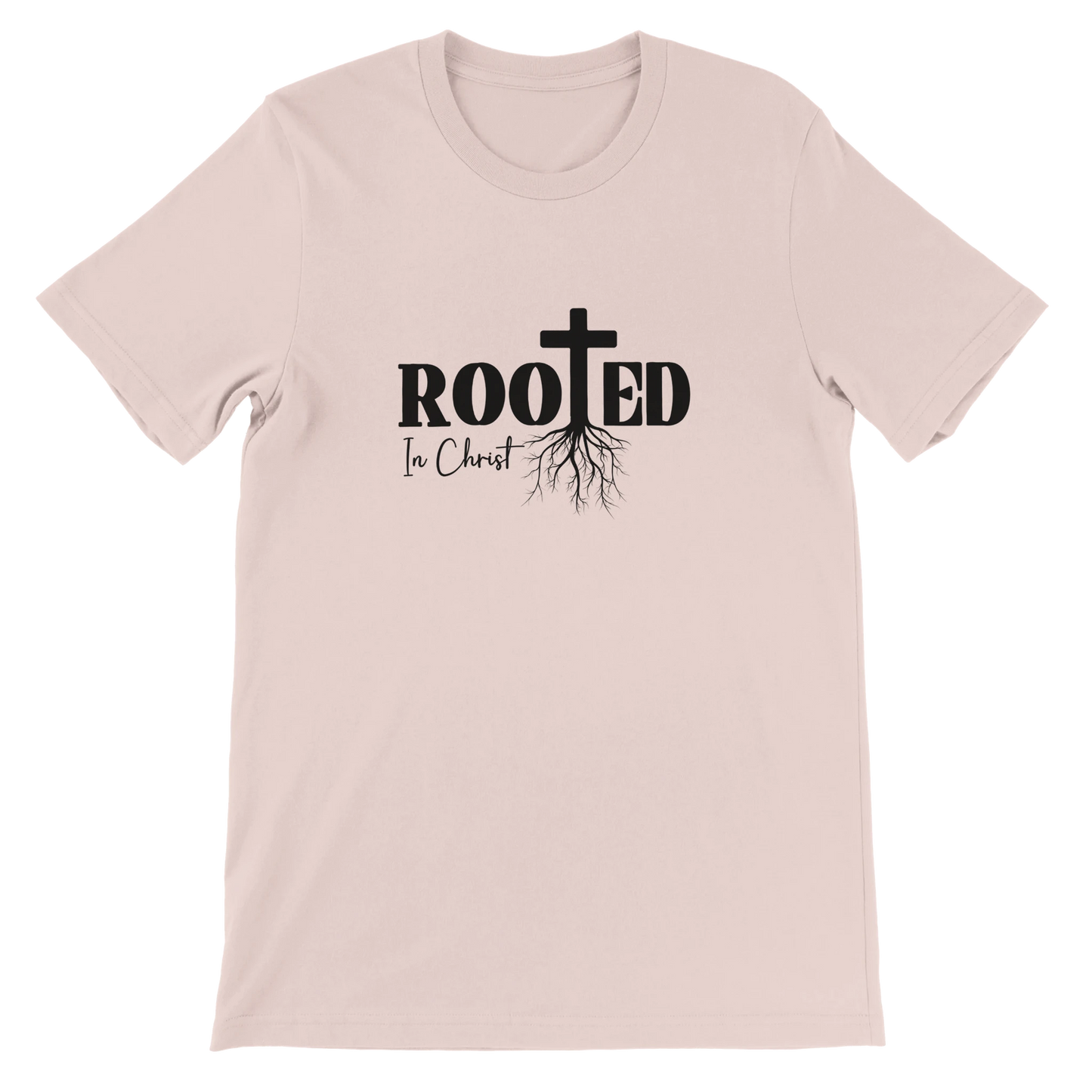 soft pink t-shirt with 'Rooted In Christ' text and cross design
