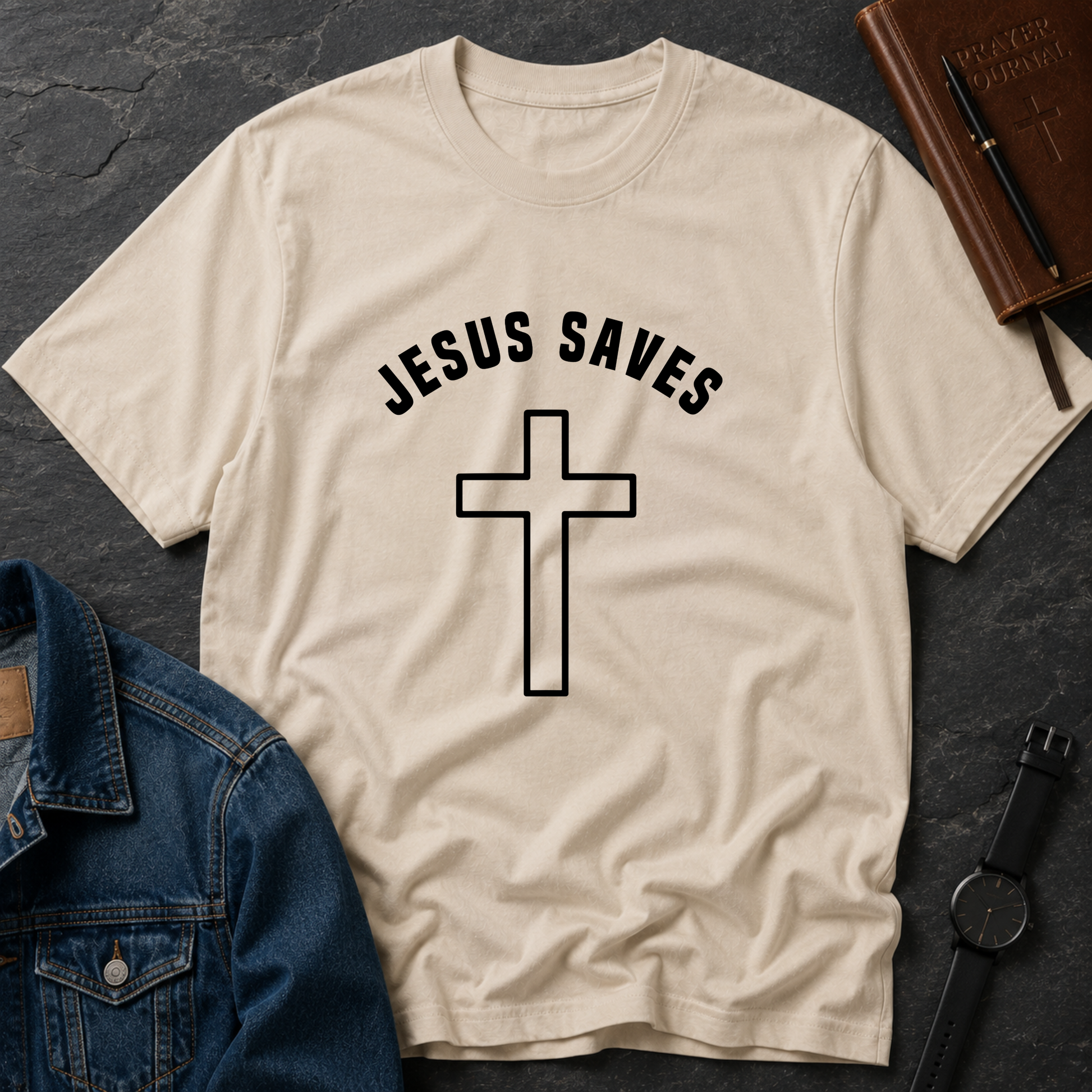 Jesus Saves Christian T-Shirt | Minimalist Cross Faith Graphic Tee | Inspirational Christian Apparel Breaking Bread Designs