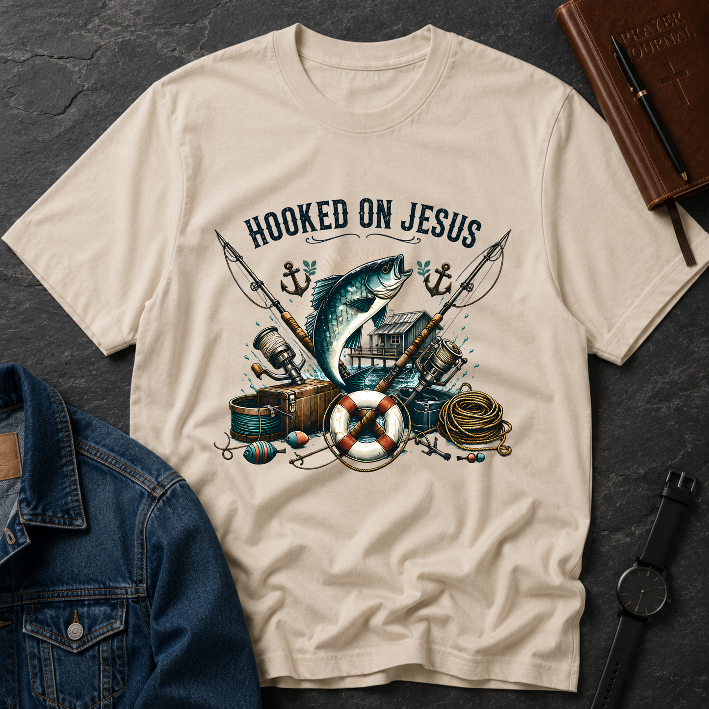 Hooked on Jesus Christian Fishing T-Shirt | Faith-Based Fisherman Graphic Tee | Christian Angler Gift Breaking Bread Designs