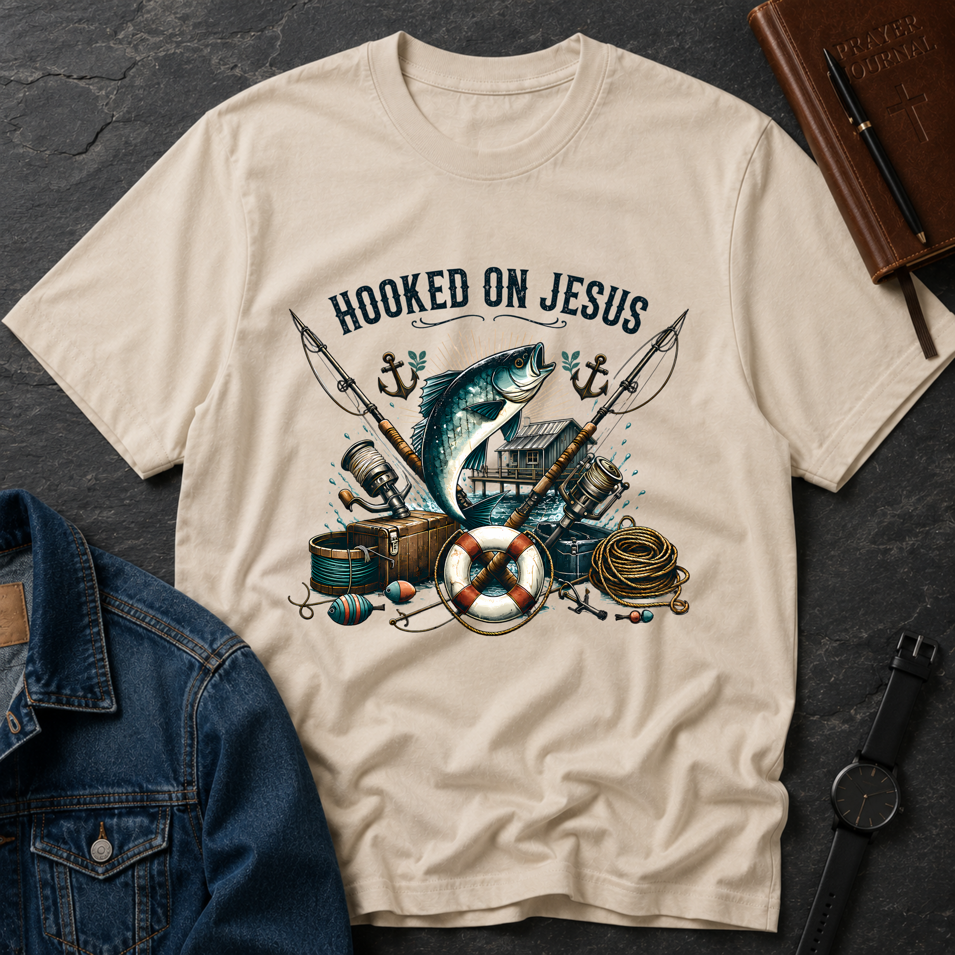 Hooked on Jesus Christian Fishing T-Shirt | Faith-Based Fisherman Graphic Tee | Christian Angler Gift Breaking Bread Designs