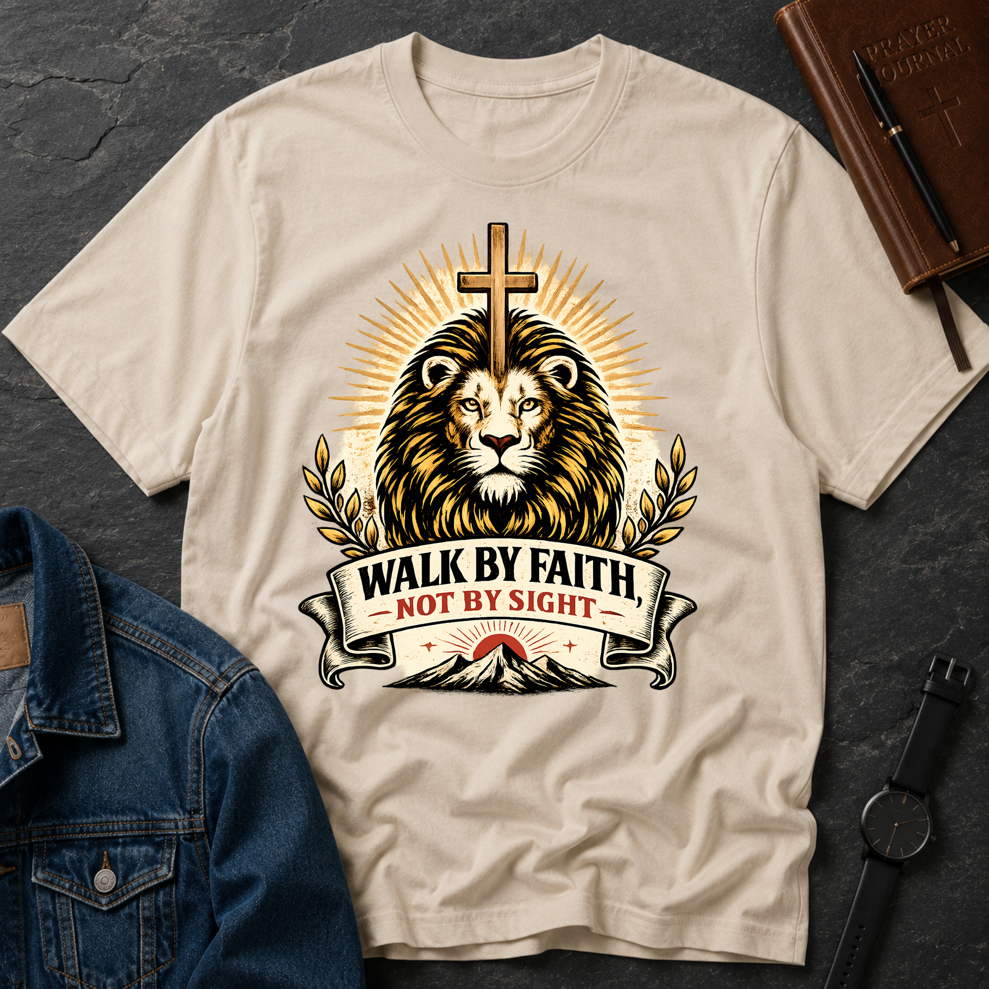 Walk By Faith Not By Sight Christian T-Shirt | Lion of Judah Faith Graphic Tee | 2 Corinthians 5:7 Christian Shirt Breaking Bread Designs