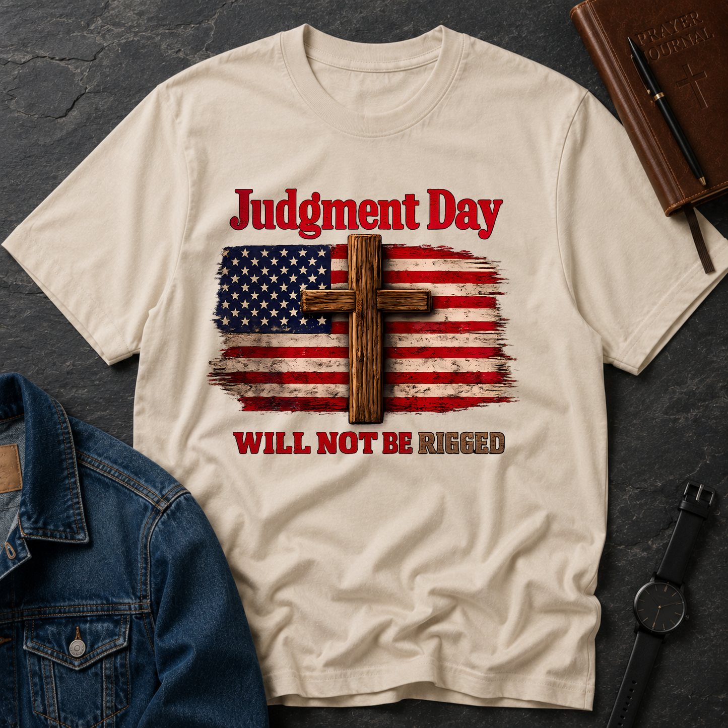 Judgment Day Will Not Be Rigged T-Shirt | Christian Patriotic Cross USA Flag Faith Graphic Tee Breaking Bread Designs