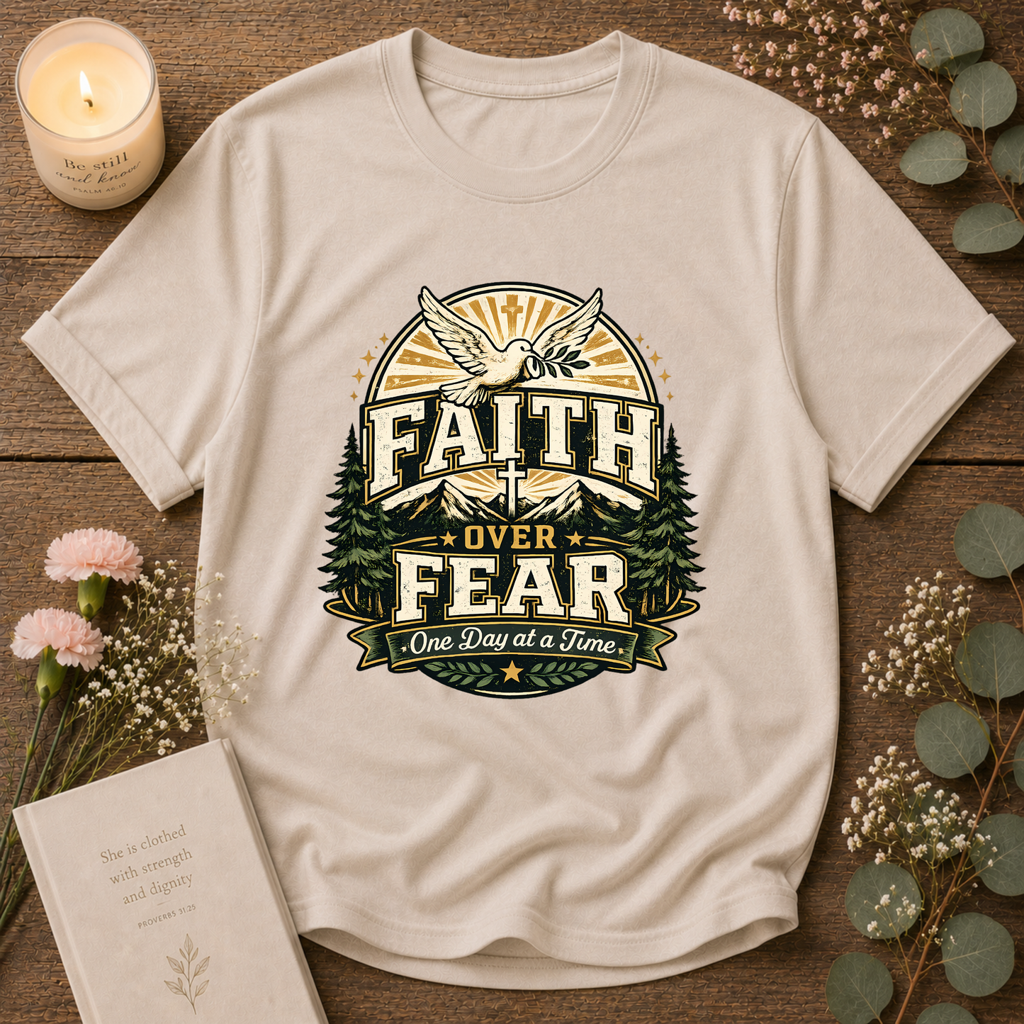 Faith Over Fear Christian T-Shirt | One Day at a Time Inspirational Faith Graphic Tee | Vintage Christian Apparel Breaking Bread Designs