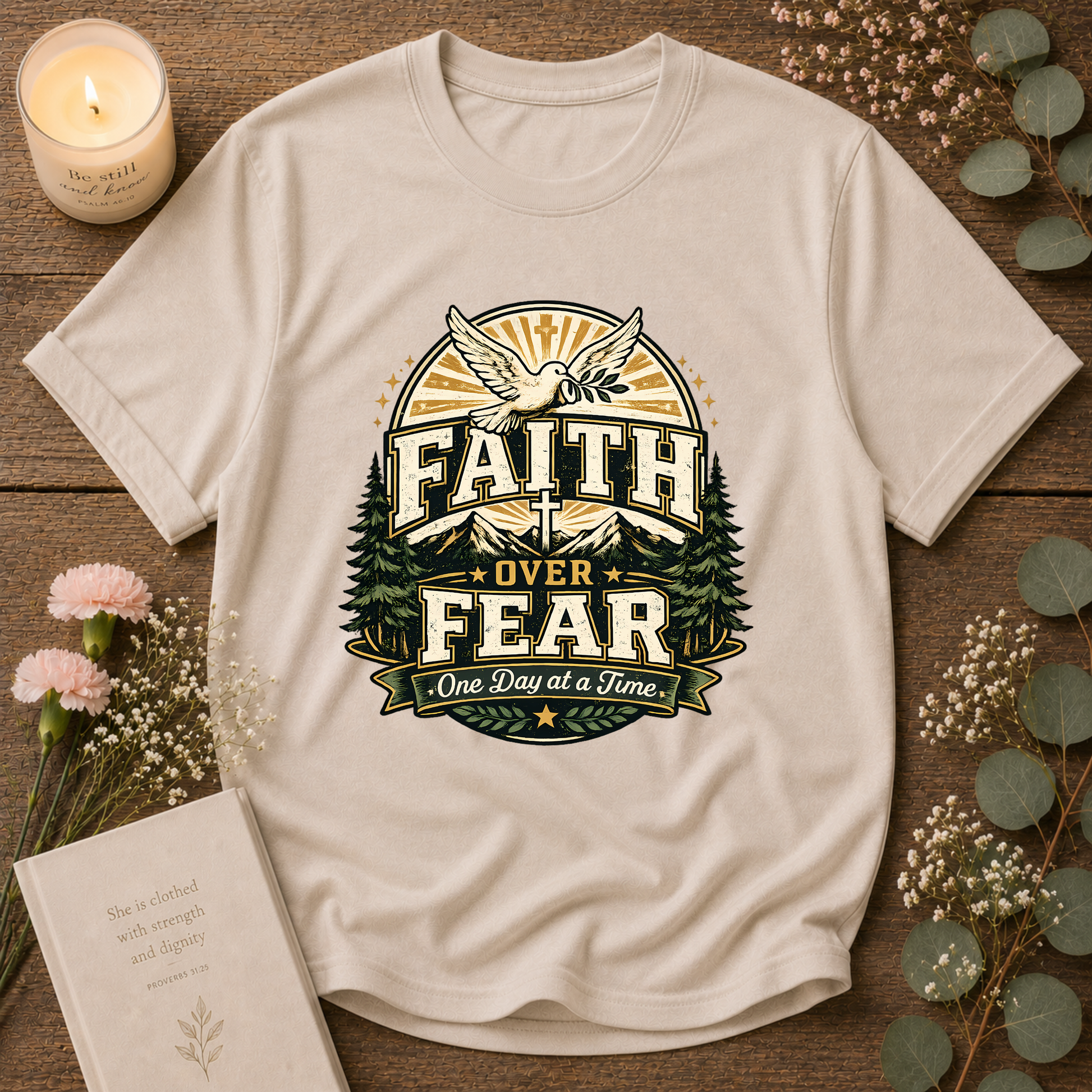 Faith Over Fear Christian T-Shirt | One Day at a Time Inspirational Faith Graphic Tee | Vintage Christian Apparel Breaking Bread Designs