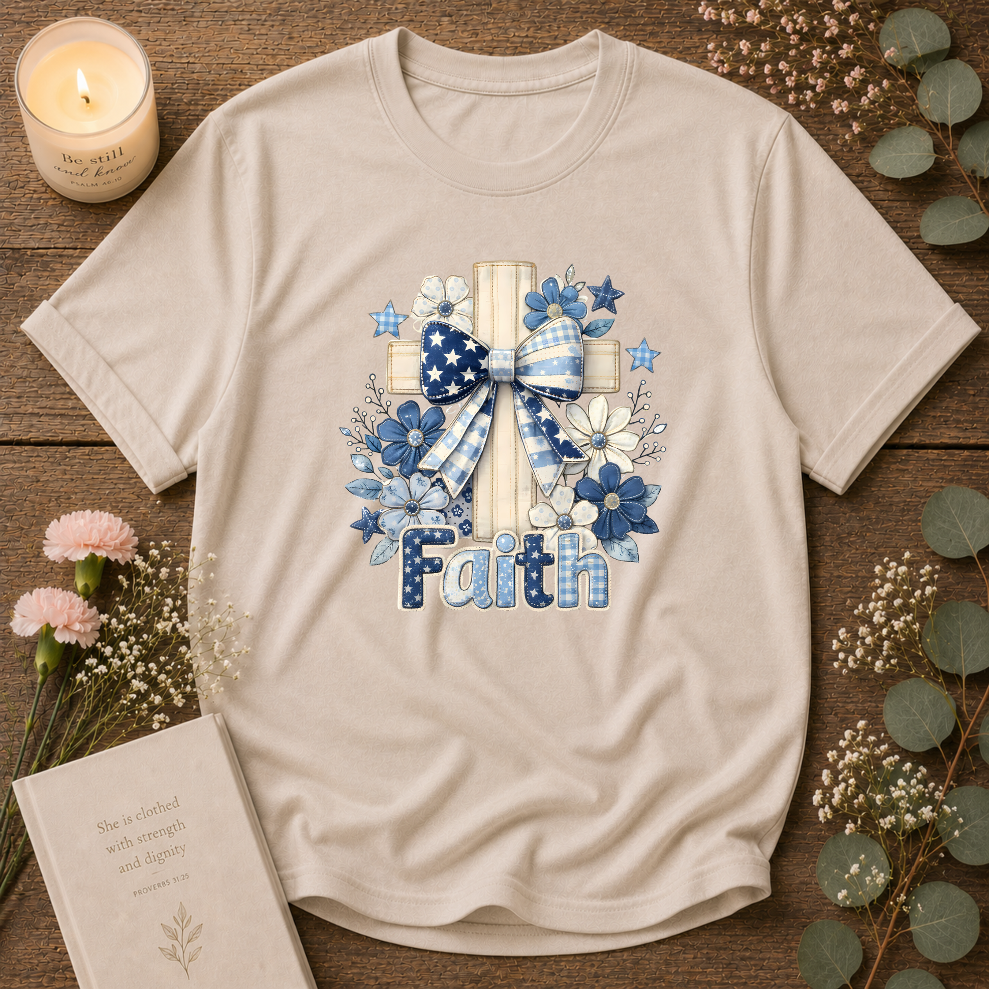 Faith Christian T-Shirt | Cute Embroidered Look Cross & Floral Graphic Tee | Patriotic Christian Coquette Shirt Breaking Bread Designs