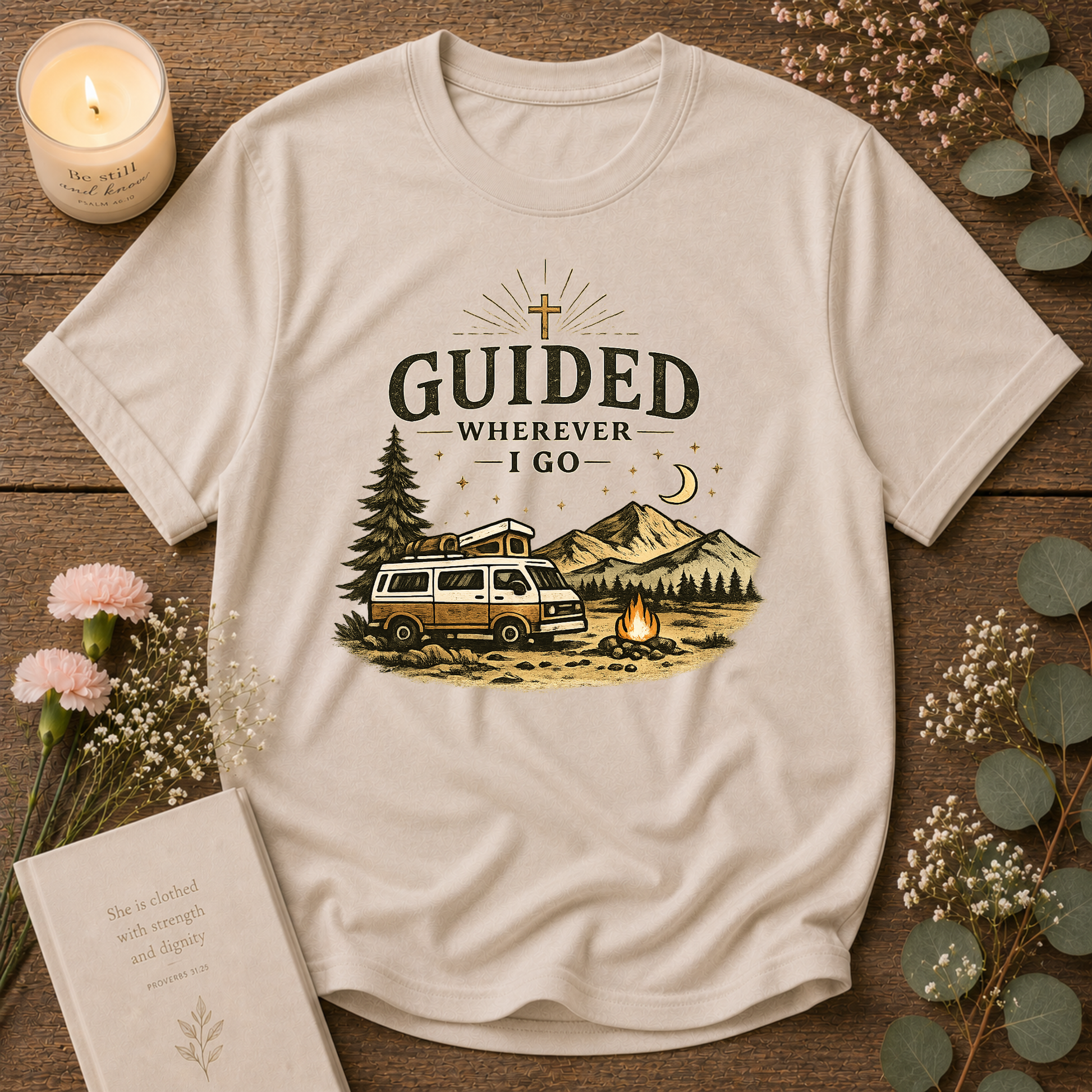 Guided Wherever I Go Christian Camping T-Shirt | Faith & Adventure Graphic Tee | Christian Camper & RV Shirt Breaking Bread Designs
