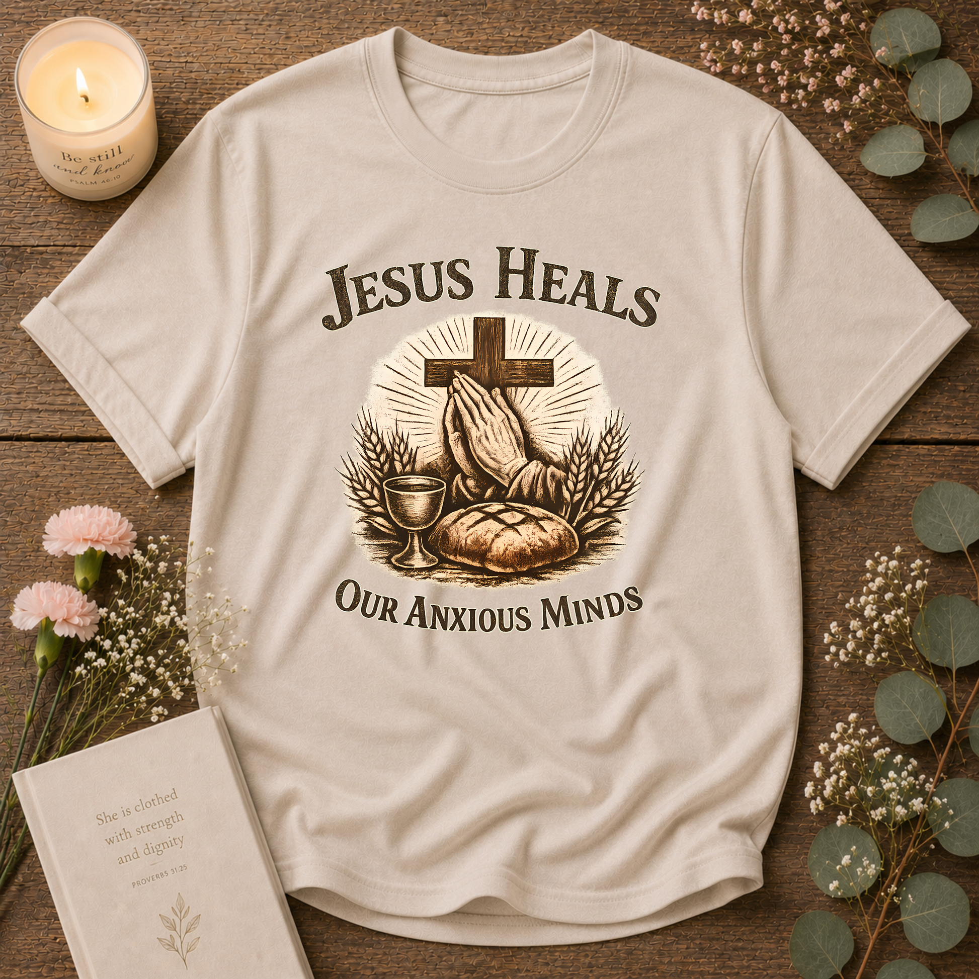 Jesus Heals Our Anxious Minds Christian T-Shirt | Mental Health Faith Graphic Tee | Inspirational Prayer Christian Shirt Breaking Bread Designs