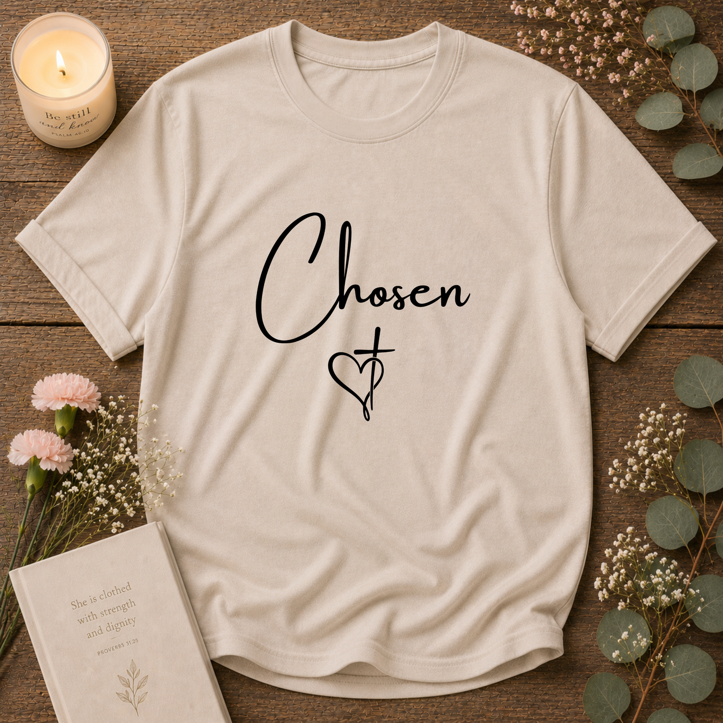 Chosen Christian T-Shirt | Minimalist Faith Script Graphic Tee | Cross Heart Jesus Christian Shirt Breaking Bread Designs