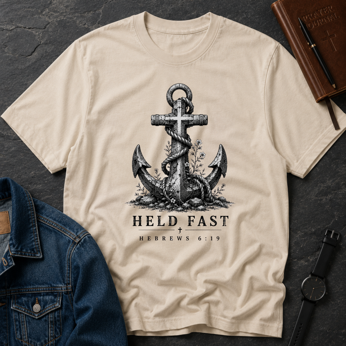 Christian Anchor T-Shirt | Held Fast Nautical Vintage Tee | Hebrews 6:19 Breaking Bread Designs