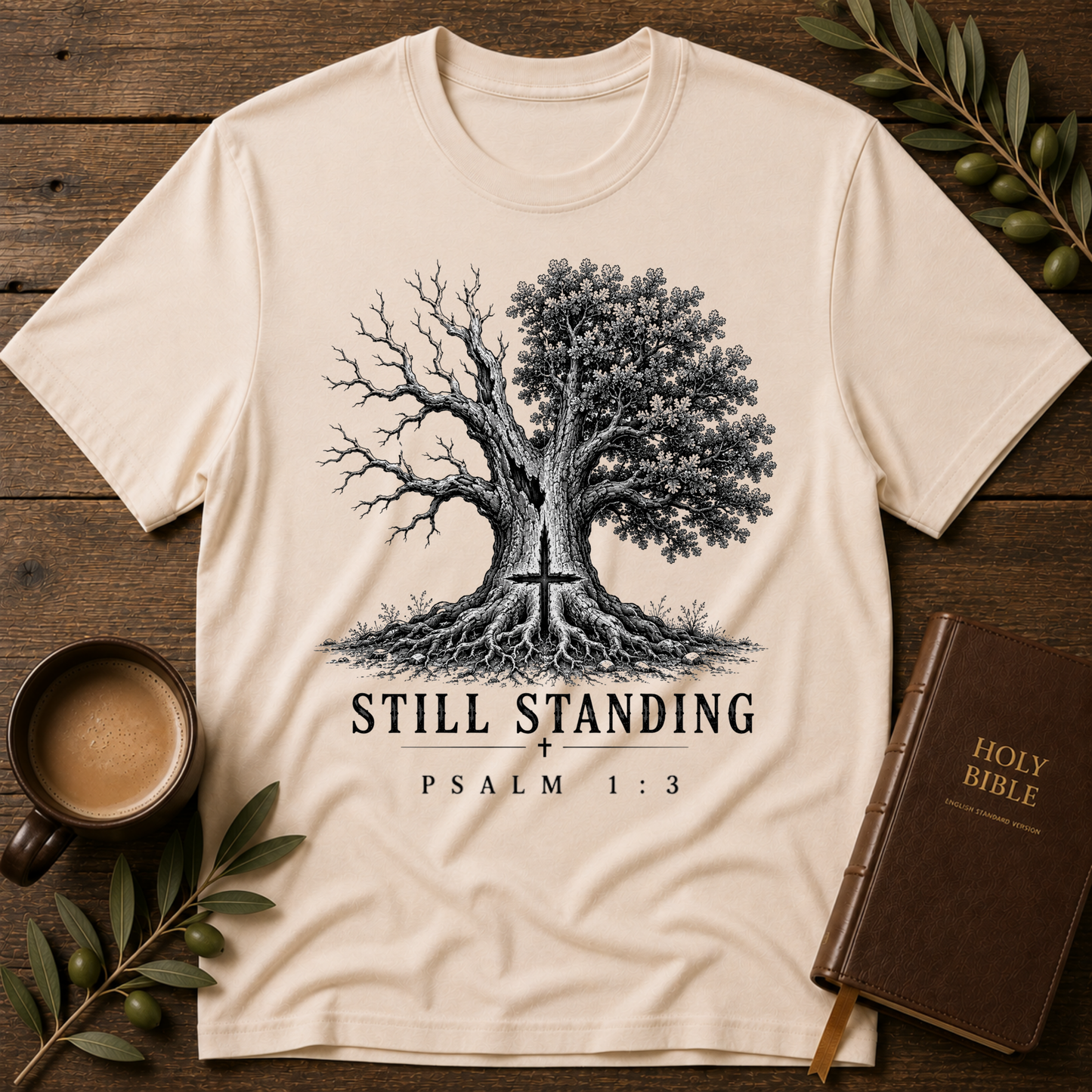 A cream-colored t-shirt with a graphic of a tree split into a barren left side and a lush right side, with a cross at the base and the text 'STILL STANDING' and 'PSALM 1:3'. The shirt is displayed in a flat-lay setting on a rustic wooden table alongside a coffee cup, a Holy Bible, and green leaves.