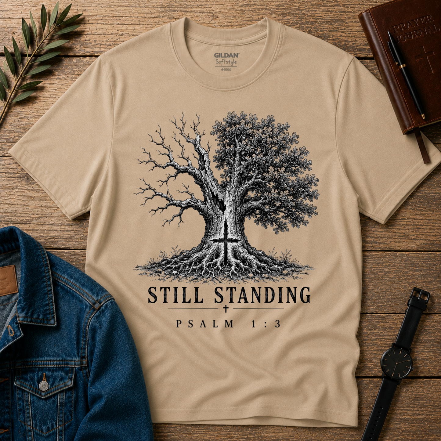 A beige short-sleeve graphic T-shirt laid flat on a rustic wood surface, featuring a black-and-gray tree with a cross in the trunk and the text 'STILL STANDING' and 'PSALM 1:3'. A denim jacket, notebook, watch, and leafy sprig are arranged around it as styling props.