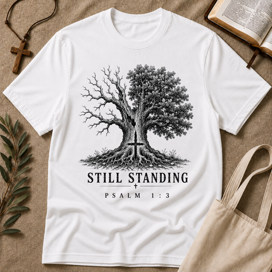 A white short-sleeve graphic T-shirt laid flat on a beige fabric surface, featuring a black-and-white tree illustration with a cross at the base and the text 'STILL STANDING' and 'PSALM 1:3'. The shirt is styled with a cross necklace, an open book, leaves, and a tote bag around it.