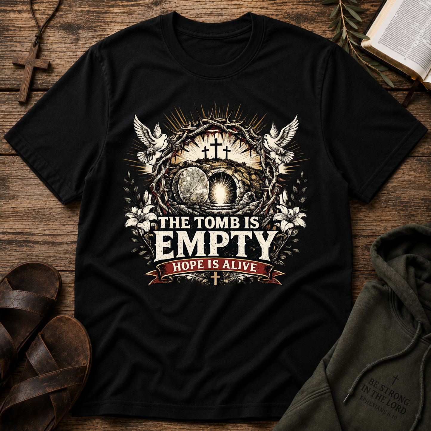 The Tomb Is Empty Hope Is Alive Christian T-Shirt | Resurrection Faith Shirt Breaking Bread Designs