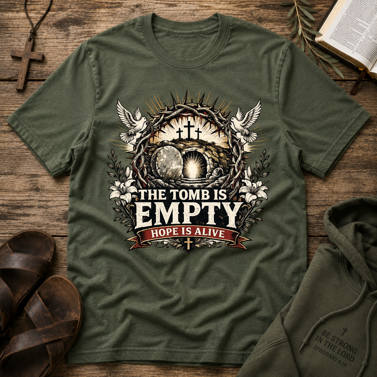 The Tomb Is Empty Hope Is Alive Christian T-Shirt | Resurrection Faith Shirt Breaking Bread Designs