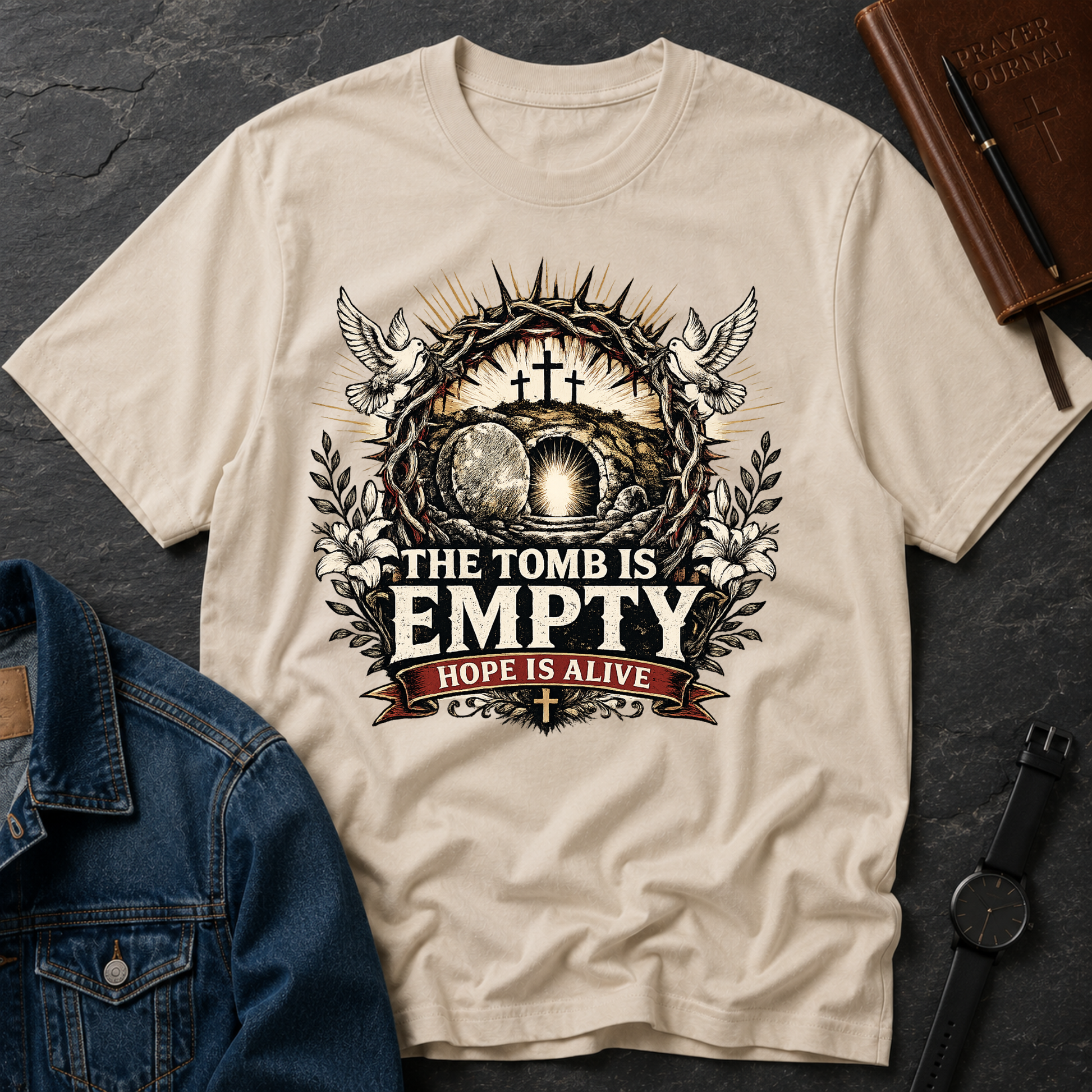 The Tomb Is Empty Hope Is Alive Christian T-Shirt | Resurrection Faith Shirt Breaking Bread Designs