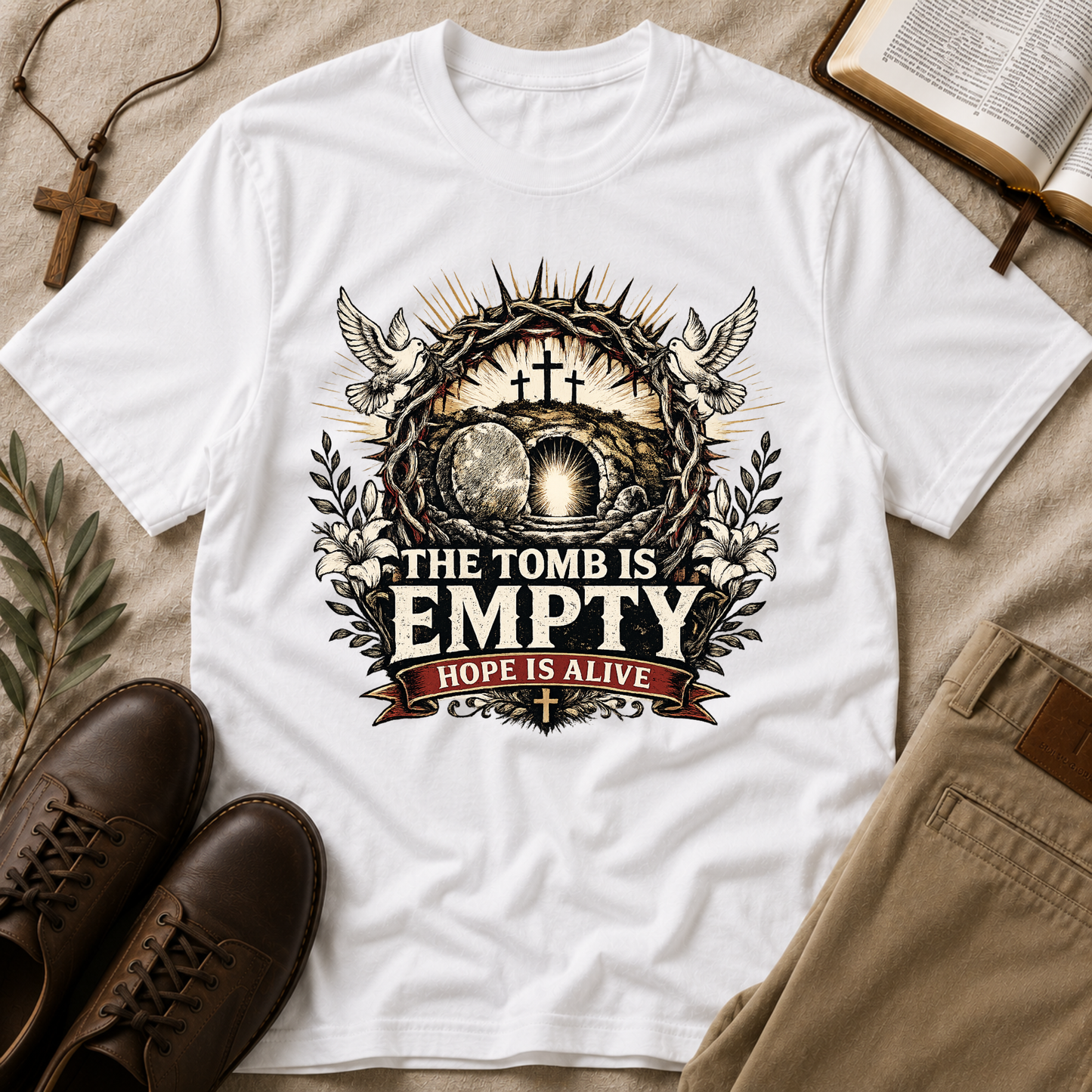 The Tomb Is Empty Hope Is Alive Christian T-Shirt | Resurrection Faith Shirt Breaking Bread Designs