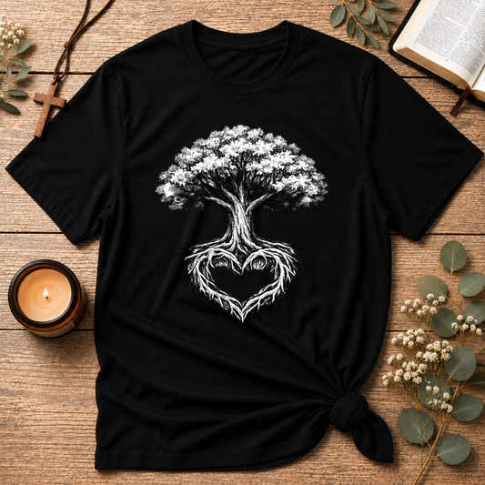 Tree of Life Christian T-Shirt | Heart Root Faith Graphic Tee | Biblical Tree of Life Inspirational Christian Shirt Breaking Bread Designs