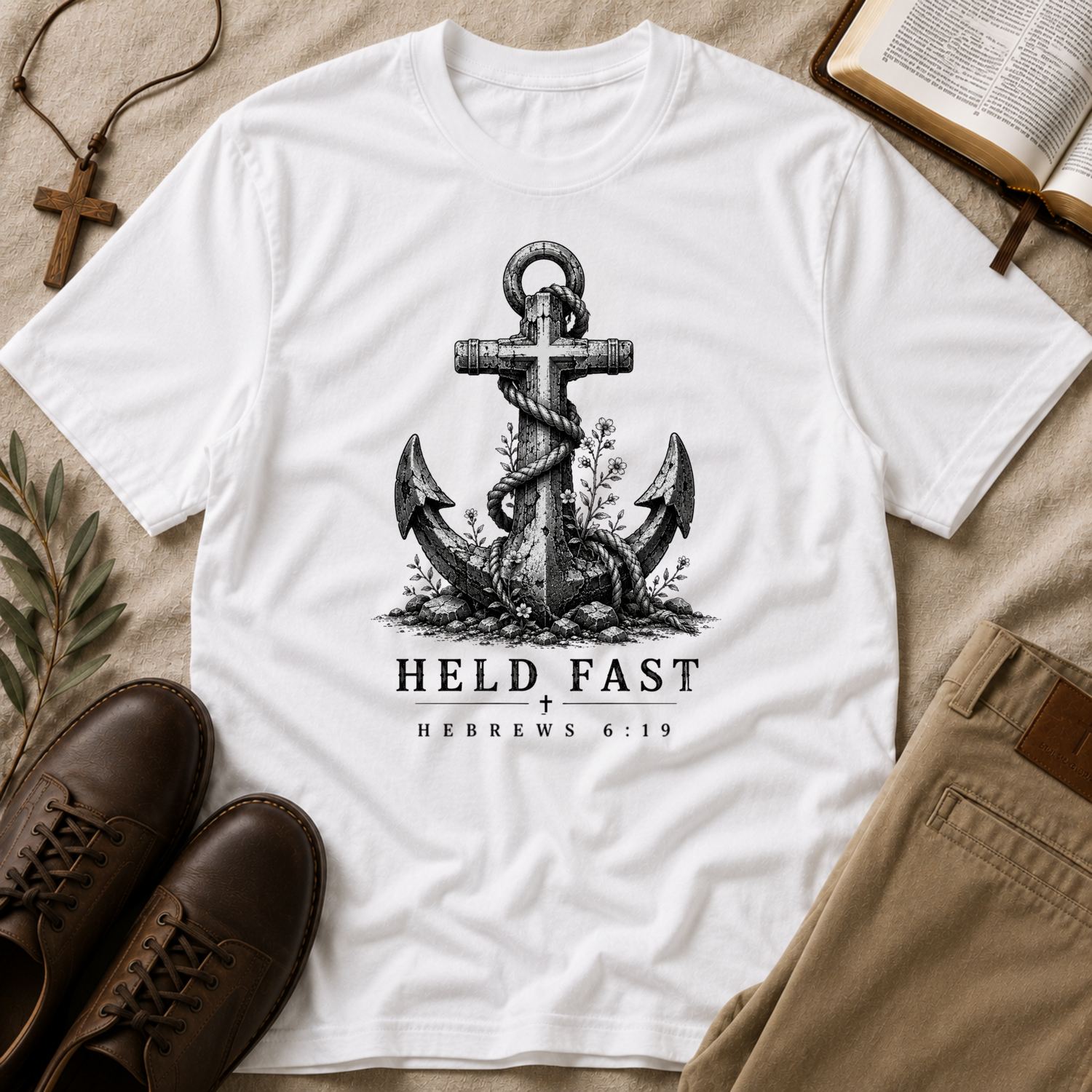 A white short-sleeve T-shirt laid flat on a beige fabric surface, featuring a large black anchor graphic with a cross and the text 'HELD FAST' and 'HEBREWS 6:19'. Surrounding props include brown shoes, khaki pants, a wooden cross, an open book, and greenery.