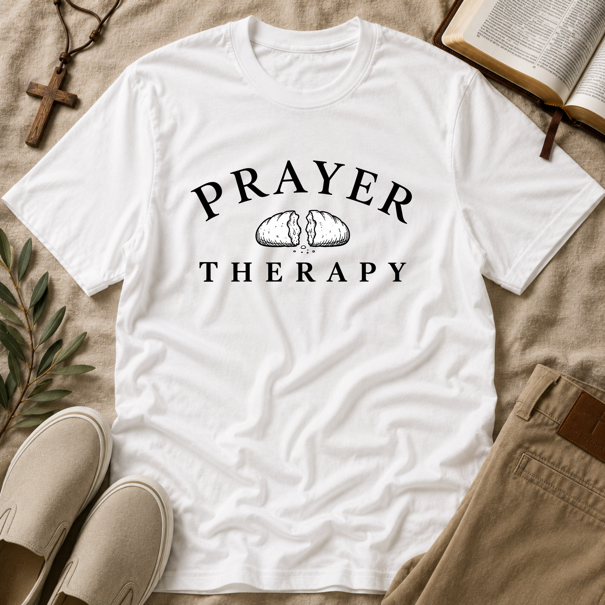 Prayer Therapy Christian T-Shirt | Faith-Based Prayer Graphic Tee | Inspirational Christian Apparel Breaking Bread Designs
