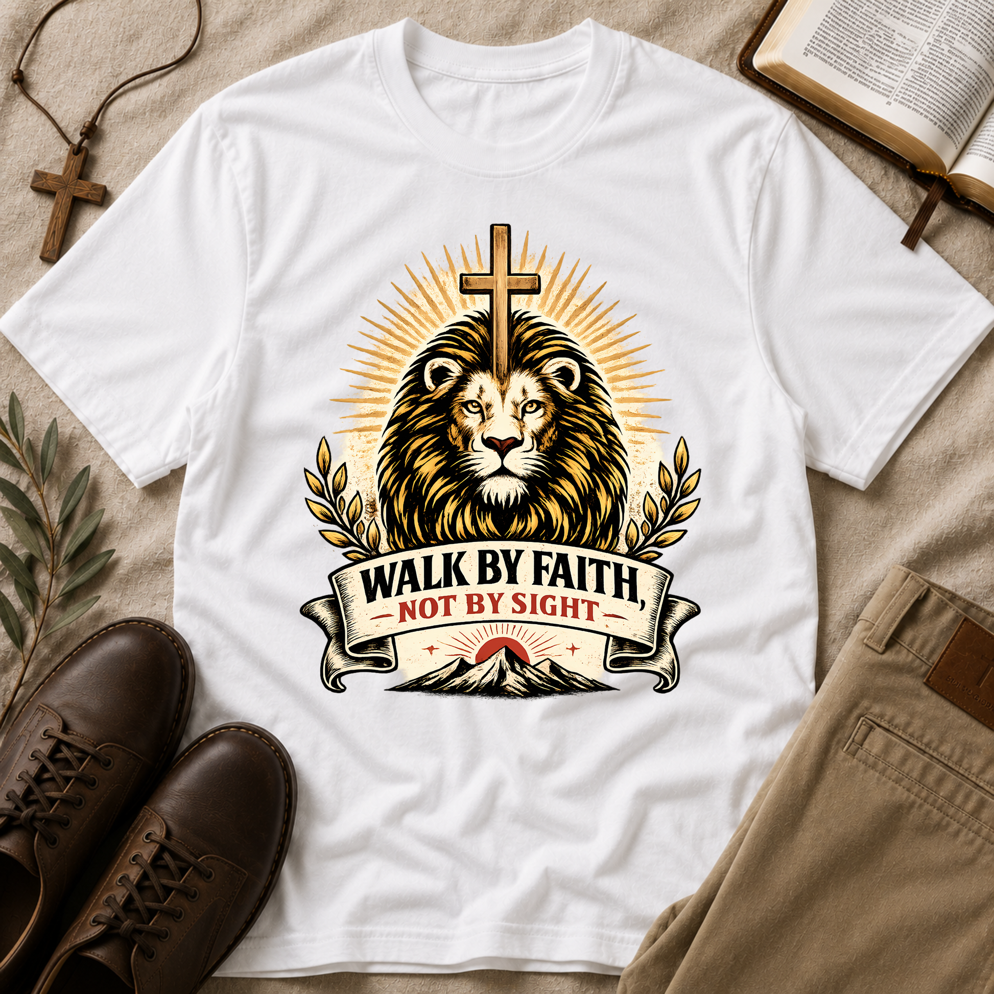Walk By Faith Not By Sight Christian T-Shirt | Lion of Judah Faith Graphic Tee | 2 Corinthians 5:7 Christian Shirt Breaking Bread Designs
