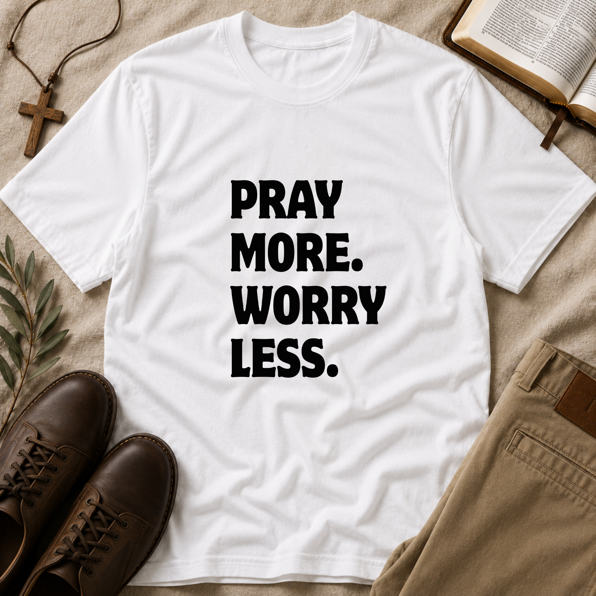 Pray More Worry Less Christian T-Shirt | Inspirational Faith Graphic Tee | Trust God Christian Apparel Breaking Bread Designs