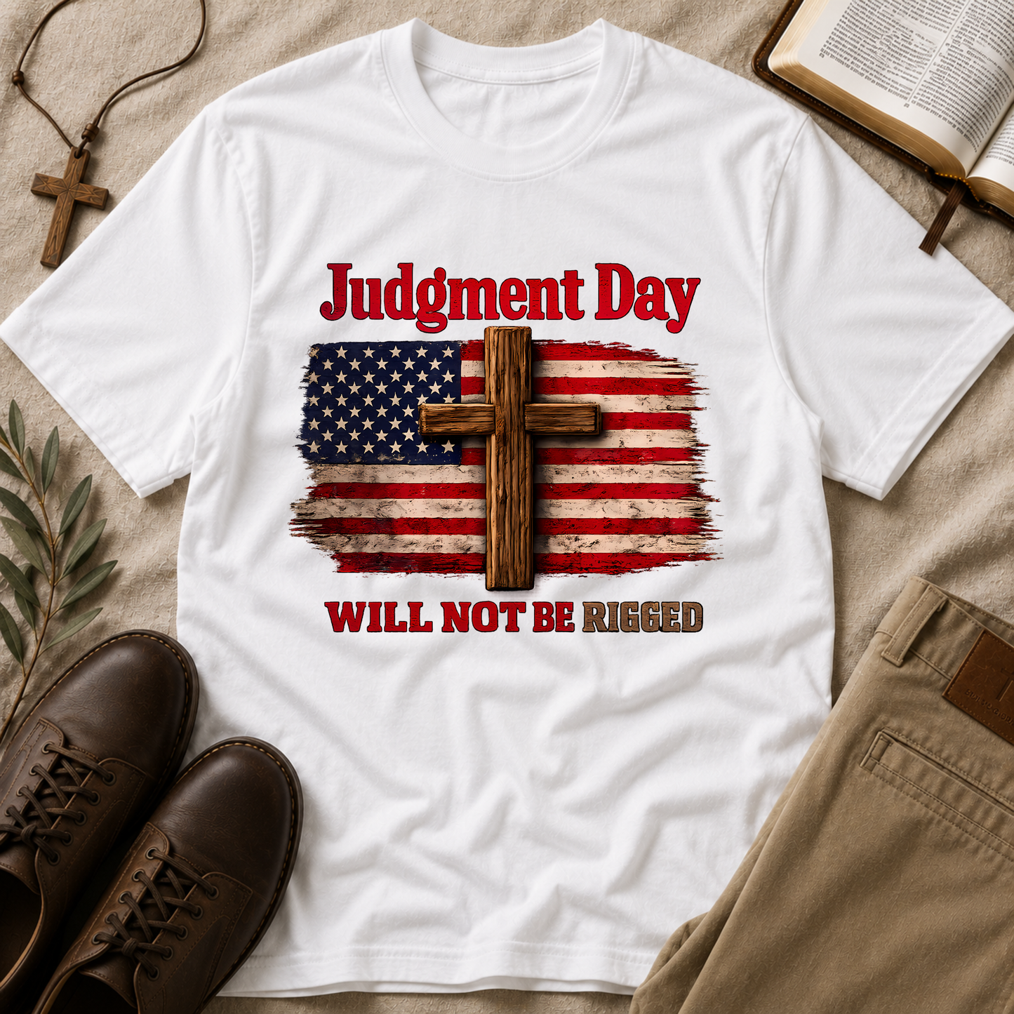 Judgment Day Will Not Be Rigged T-Shirt | Christian Patriotic Cross USA Flag Faith Graphic Tee Breaking Bread Designs