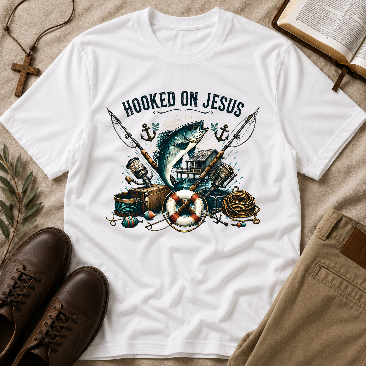 Hooked on Jesus Christian Fishing T-Shirt | Faith-Based Fisherman Graphic Tee | Christian Angler Gift Breaking Bread Designs