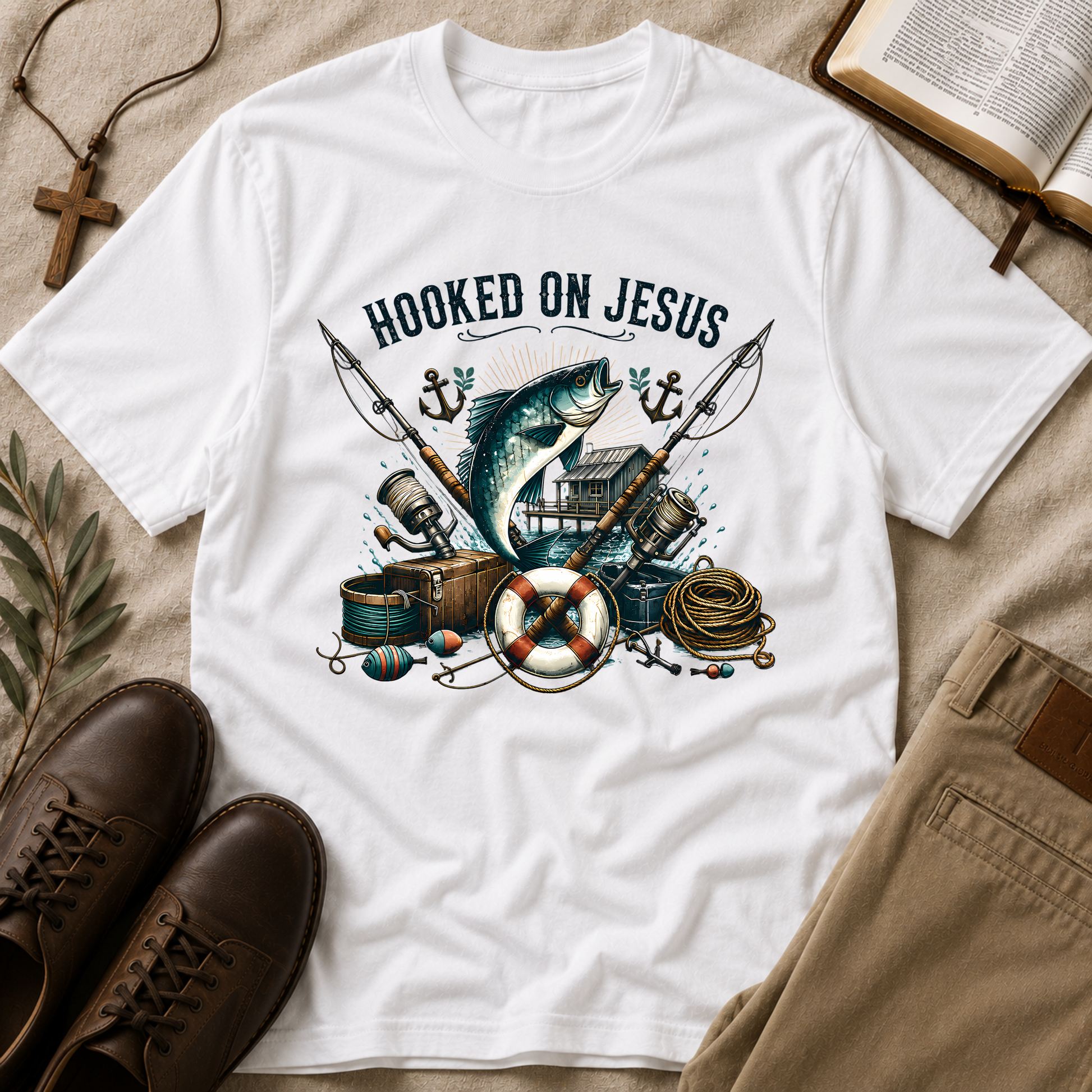 Hooked on Jesus Christian Fishing T-Shirt | Faith-Based Fisherman Graphic Tee | Christian Angler Gift Breaking Bread Designs