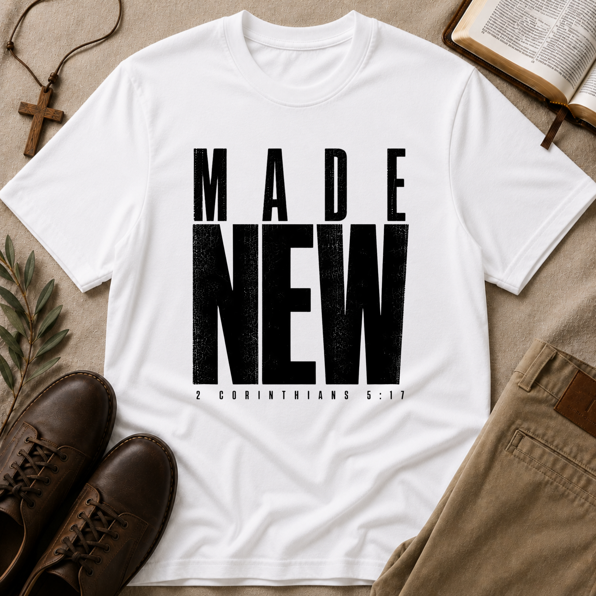 Made New Christian T-Shirt | 2 Corinthians 5:17 Scripture Tee Breaking Bread Designs