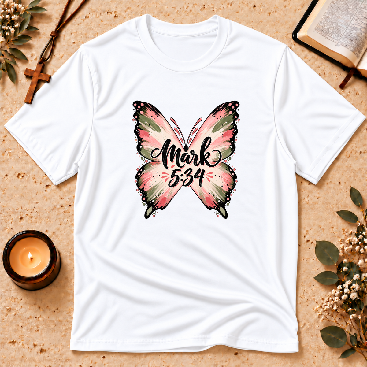 Mark 5:34 Christian Butterfly Healing T-Shirt Breaking Bread Designs