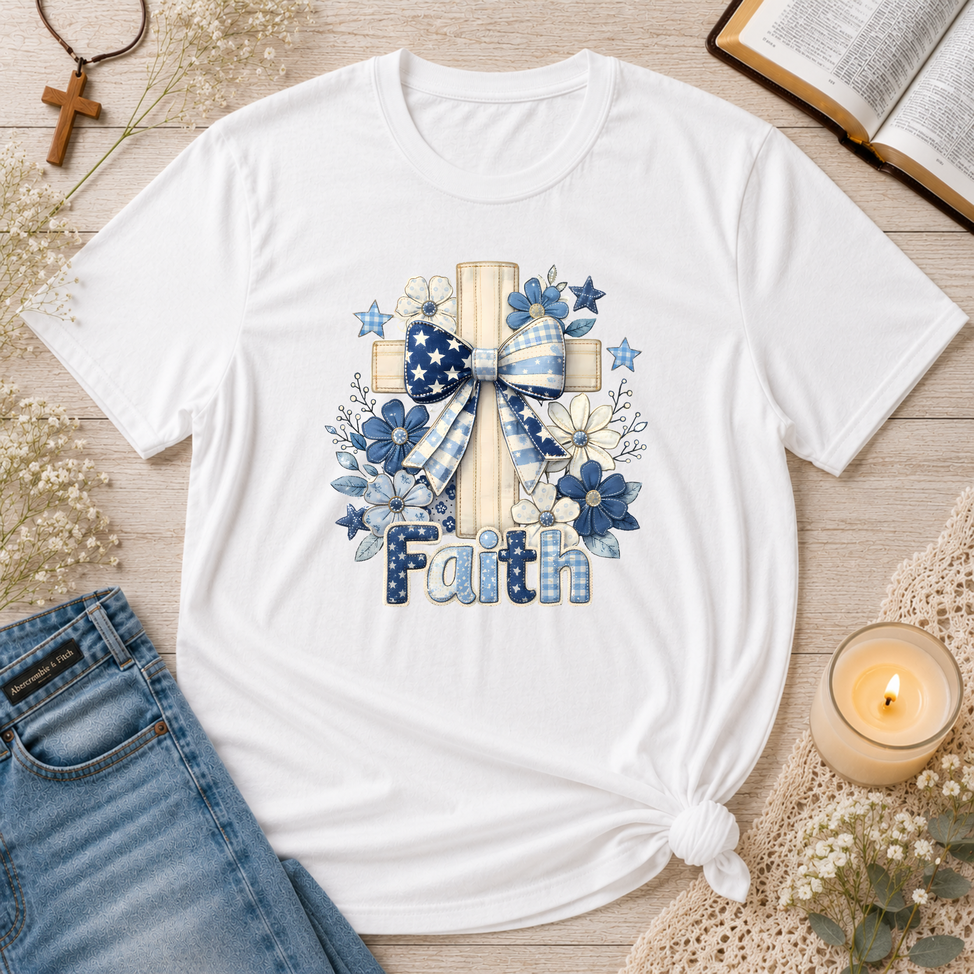 Faith Christian T-Shirt | Cute Embroidered Look Cross & Floral Graphic Tee | Patriotic Christian Coquette Shirt Breaking Bread Designs
