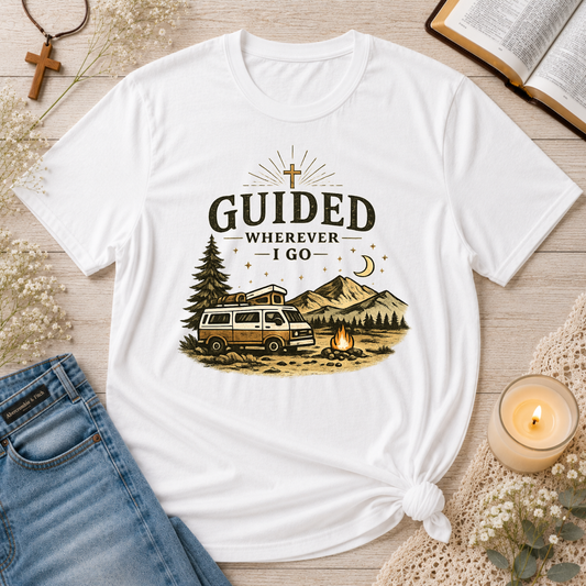 Guided Wherever I Go Christian Camping T-Shirt | Faith & Adventure Graphic Tee | Christian Camper & RV Shirt Breaking Bread Designs