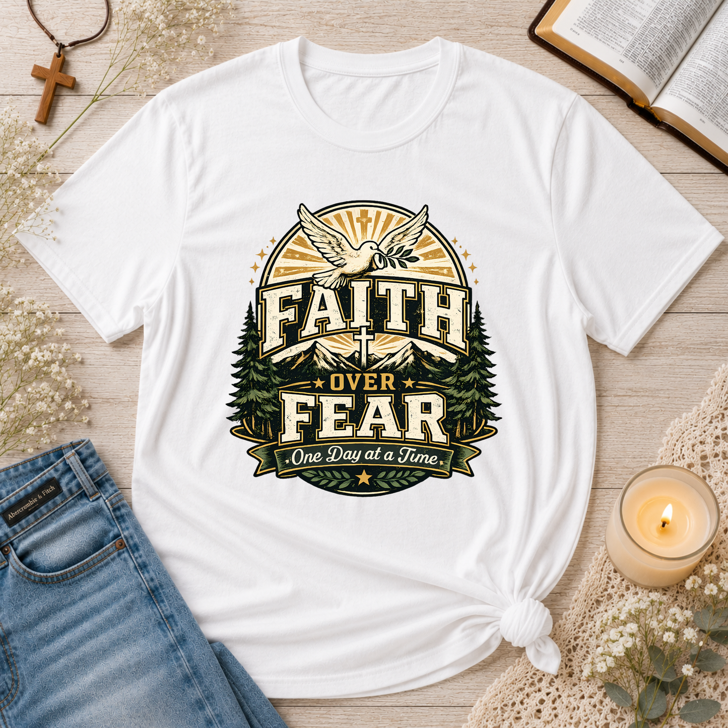 Faith Over Fear Christian T-Shirt | One Day at a Time Inspirational Faith Graphic Tee | Vintage Christian Apparel Breaking Bread Designs