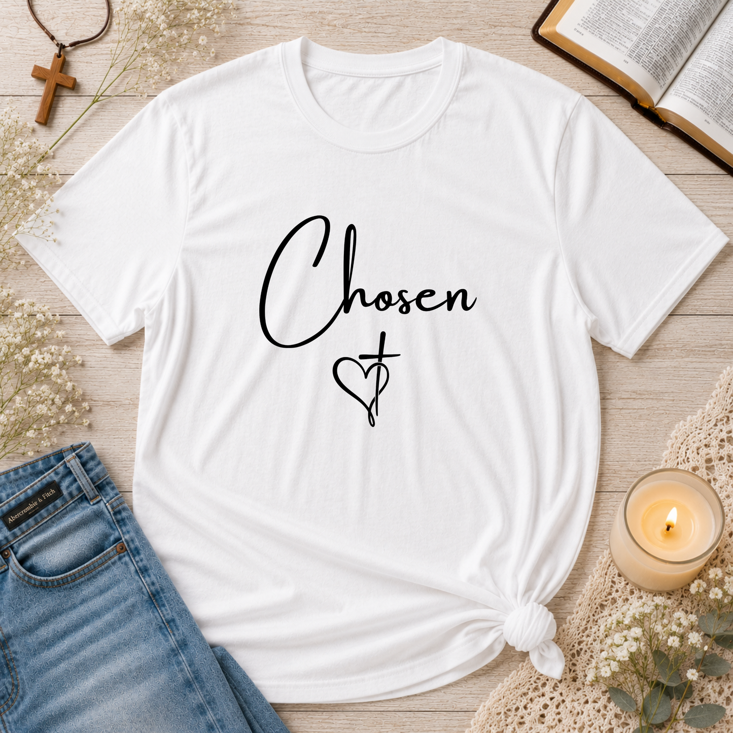 Chosen Christian T-Shirt | Minimalist Faith Script Graphic Tee | Cross Heart Jesus Christian Shirt Breaking Bread Designs