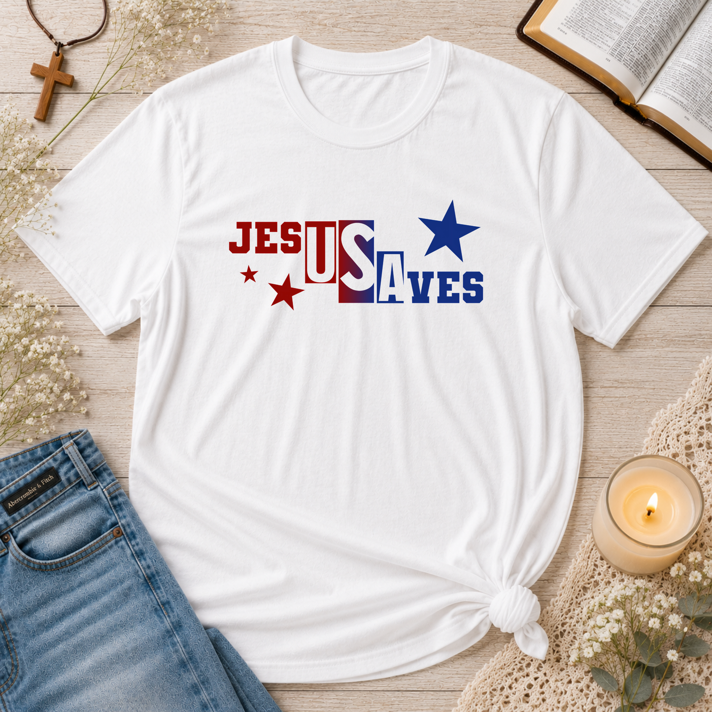 Jesus Saves Christian T-Shirt | Bold Patriotic Faith Graphic Tee | Inspirational Christian Apparel Breaking Bread Designs