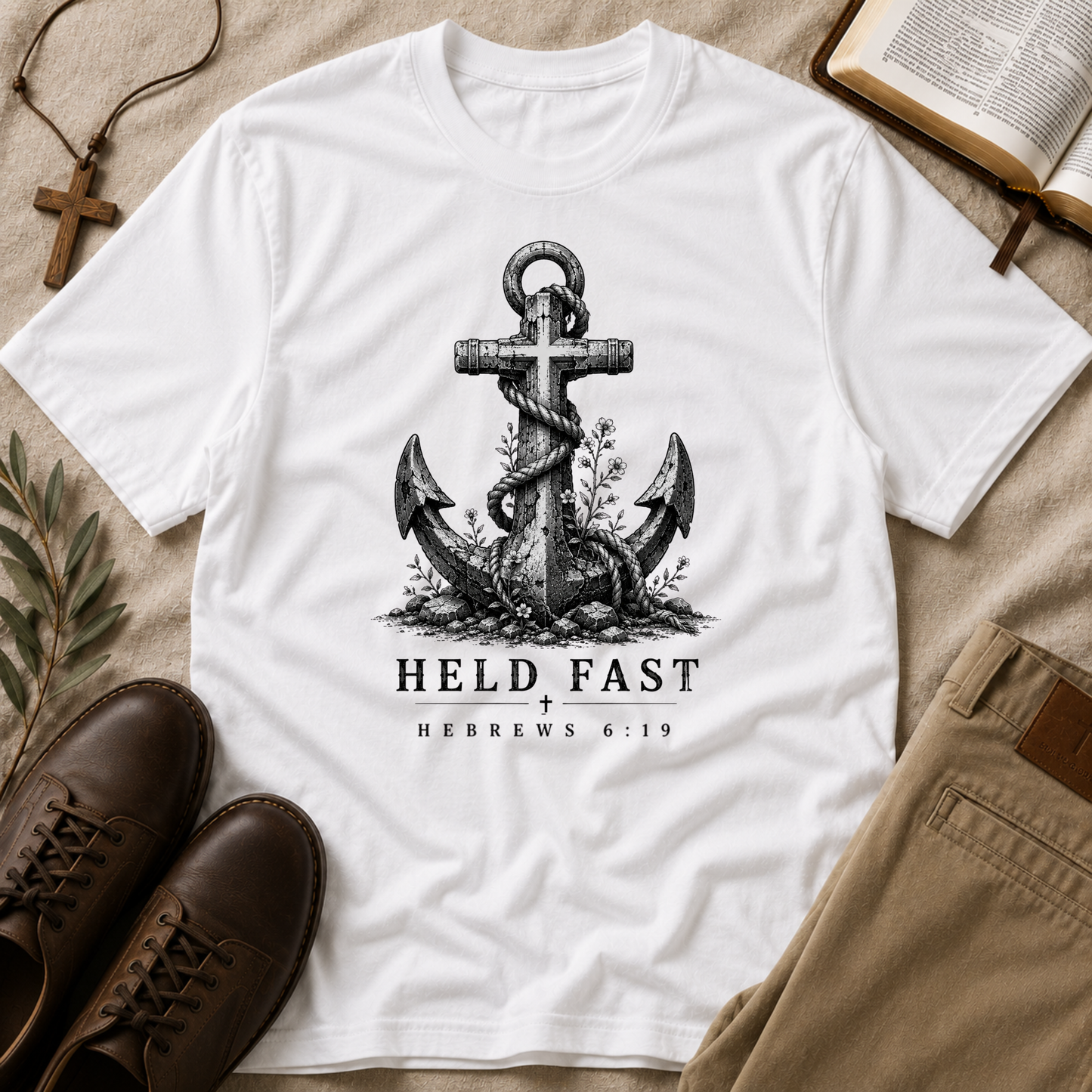 Christian Anchor T-Shirt | Held Fast Nautical Vintage Tee | Hebrews 6:19 Breaking Bread Designs