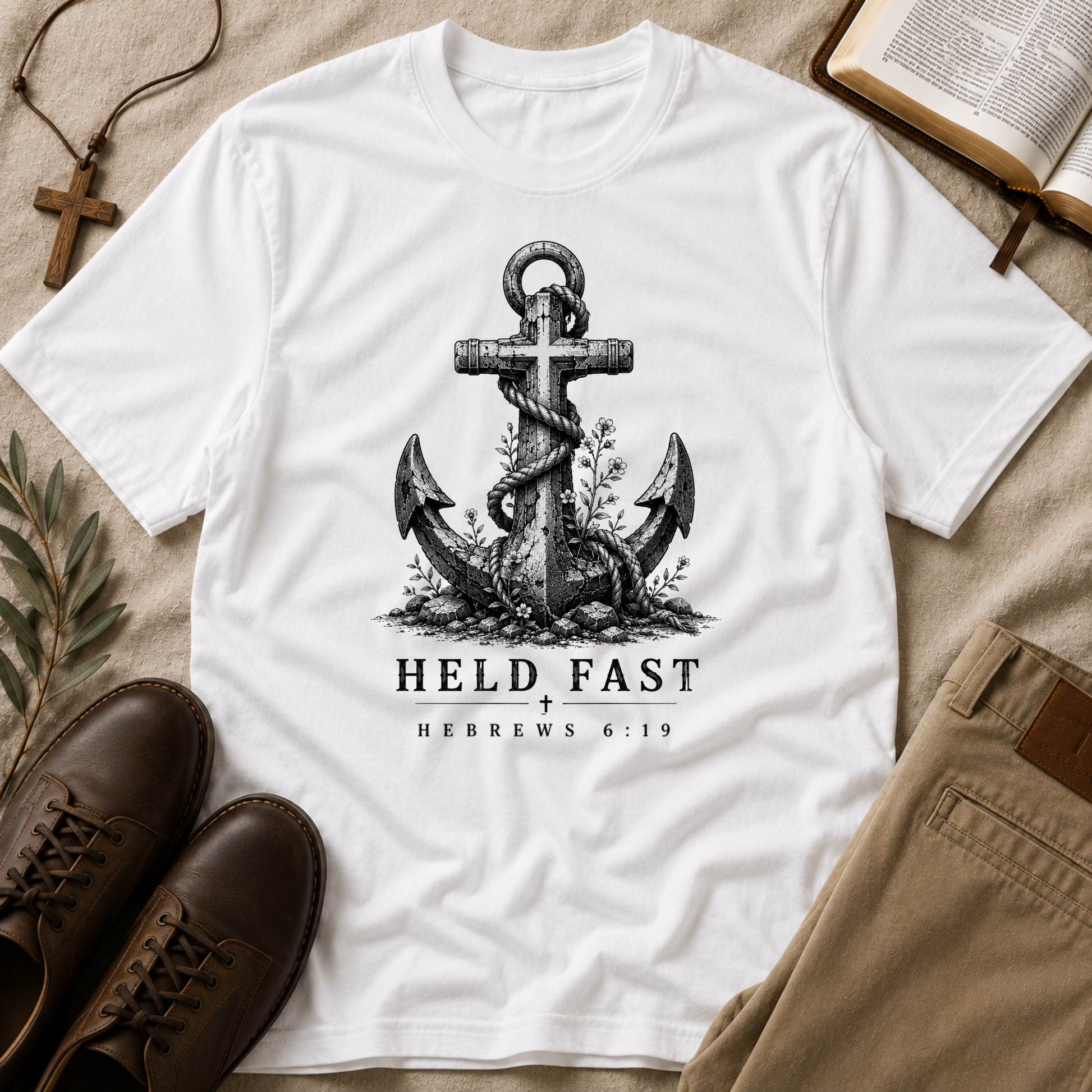 Christian Anchor T-Shirt | Held Fast Nautical Vintage Tee | Hebrews 6:19 Breaking Bread Designs